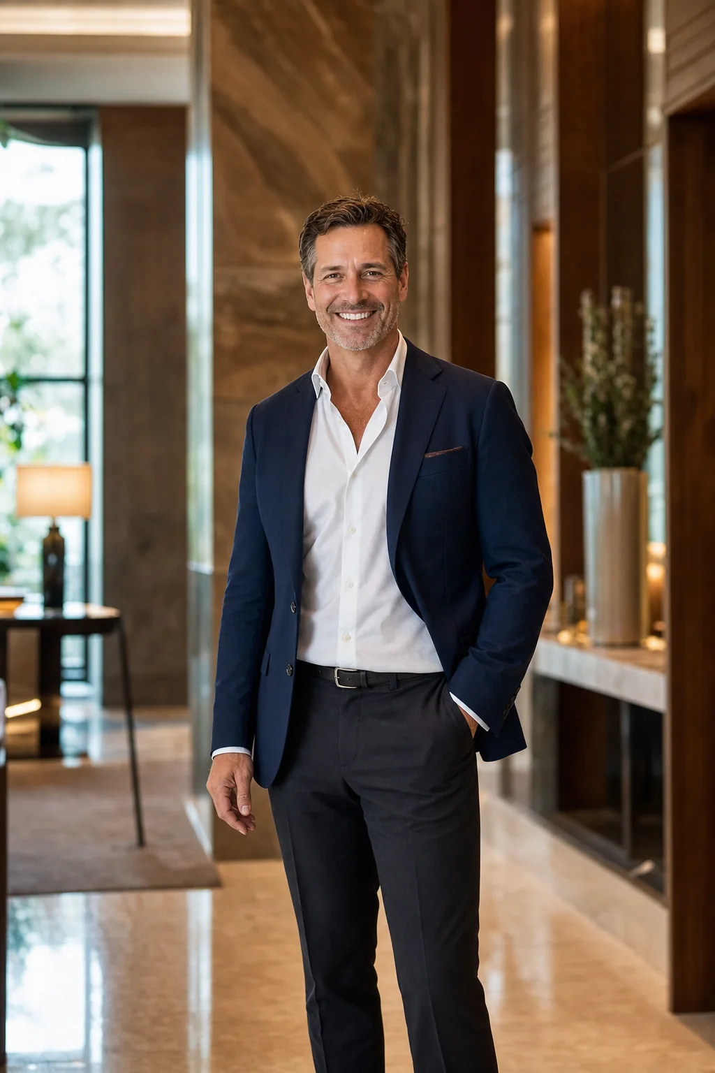 Patient smiling in a navy blazer in a refined hotel lobby